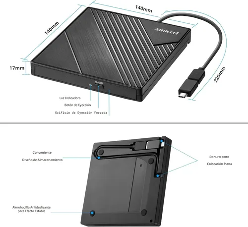 Vista 5 de Amicool - Unidad externa de DVD USB 3.0, USB C, grabadora de CD/DVD +/-RW, unidad óptica, reproductor de DVD portátil delgado, lector de reescritor