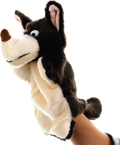 Vista 2 de Marionetas de mano de lobo, juguetes de animales de peluche para imaginativo juego de simulación, cuentos regalos para niños, marrón
