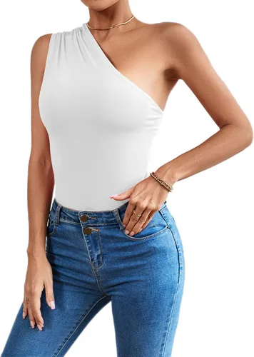 Vista 3 de LYANER Leotardo sexy de un hombro para mujer, fruncido, sin mangas, ajustado
