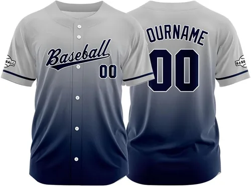 Vista 45 de Camiseta de béisbol con degradado personalizado, nombre, número y logotipo personalizados para hombres, mujeres y niños