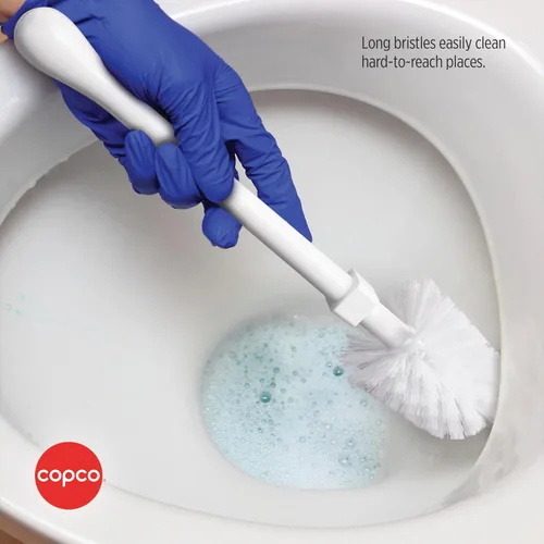 Vista 4 de Copco Escobilla de inodoro con soporte, juego de cepillos de baño de plástico blanco, diseño de fácil liberación, organizador compacto