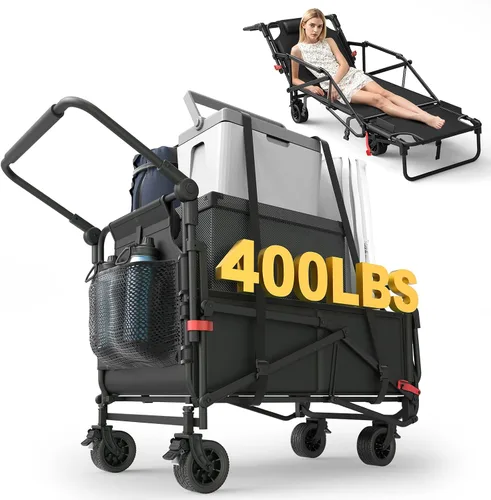 Vista 16 de LEVELEVE Vagón Plegable de Servicio Pesado - Carrito Plegable 2 en 1, Capacidad de 400 libras, Ruedas Todo Terreno con Frenos y Bolsillos Laterales