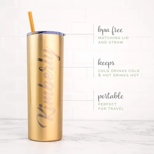 Vista 6 de Vaso delgado de acero inoxidable con popote y tapa, termo personalizado (20 onzas) – Champagne Mate negro