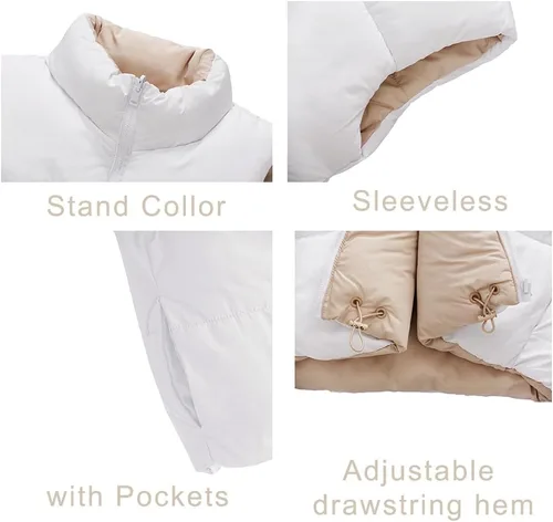 Vista 4 de Chaleco corto de invierno para mujer, ligero, reversible, cálido, chaleco acolchado, chaleco acolchado