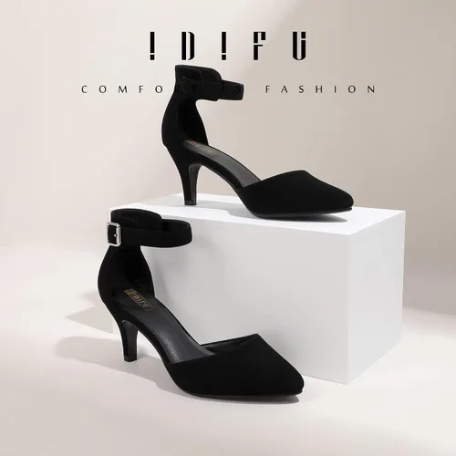 Vista 3 de IDIFU IN3 D'Orsay Zapatos de tacón bajo para mujer, zapatos de vestir puntiagudos con puntera cerrada, correa de tobillo para novia, elegante