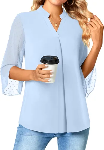 Vista 3 de Anyhold Blusa de gasa elegante de verano para mujer, cuello en V, manga pétalo, holgada, casual, lindas camisas para el trabajo