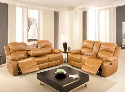Vista 8 de Sofá reclinable manual de cuero para muebles de sala de estar, sofá reclinable de 78 pulgadas con mesa abatible, portavasos y sofá de cuero