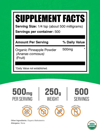 Vista 2 de BulkSupplements. com Polvo de piña orgánico - Polvo de fruta de piña, para saborizar y licuados - Sin azúcar y sin gluten, 500 mg por porción, 250 g
