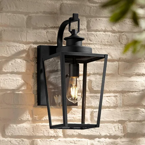 Vista 9 de Possini Euro Design Ackerly - Moderna lámpara de pared para exteriores, acero negro texturizado, paneles de vidrio transparente de 17 1/4 pulgadas