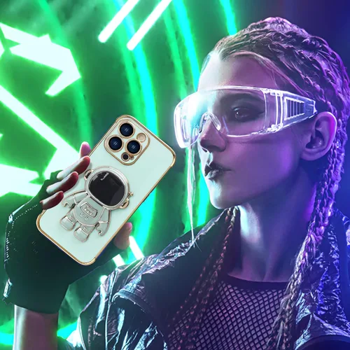 Vista 6 de Omio - Funda compatible con iPhone 15 Pro Max con soporte oculto de astronauta, funda de lujo chapado en corazón con borde lateral, pequeño