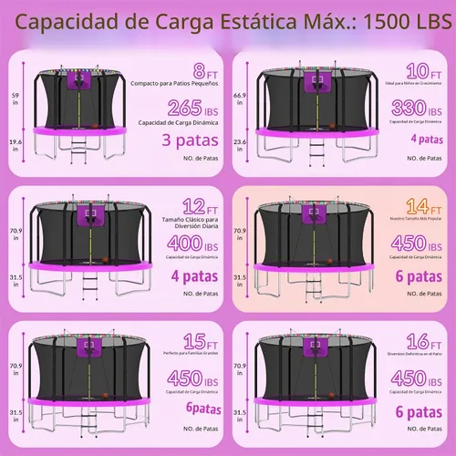 Vista 9 de Outdoor Trampoline with Net for Kids 10FT 12FT 14FT 15FT 16FT Púrpura