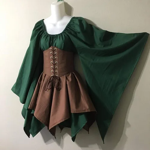Vista 4 de Vestido tradicional irlandés para mujer, disfraz corto medieval, vestido grande con corsé para Halloween, vestido victoriano