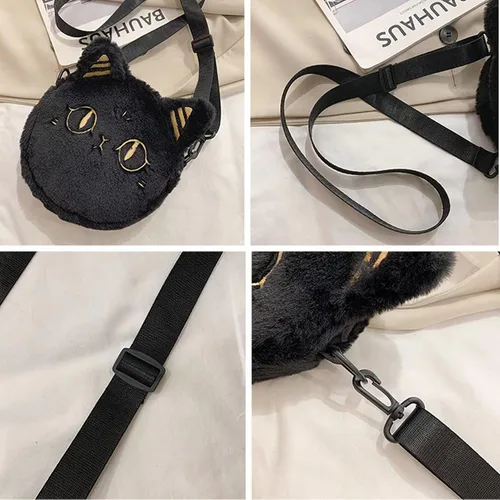 Vista 4 de GADMEXILY Bolso de peluche para niñas con diseño de gato negro, con correa ajustable, para el hombro, para mujeres y adultos, Negro, Women