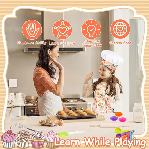 Vista 2 de KAEGREEL Juego de chef para hornear para niños con delantal de unicornio y manopla, 26 juguetes de cocina para niños, juego de cocina con sombrero