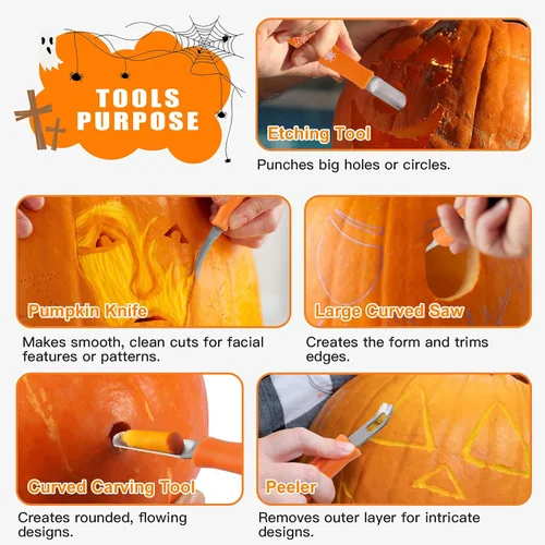 Vista 4 de Kit de tallado de calabaza, herramientas de Halloween, juego profesional de tallado de 10 piezas, acero inoxidable de doble cara, herramienta
