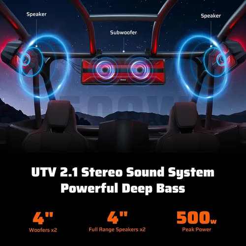 Vista 2 de Ehaho Barra de sonido estéreo UTV de 2.1 canales (subwoofer) y altavoces, barra de sonido Bluetooth ATV de 17 pulgadas con luces RGB, altavoces