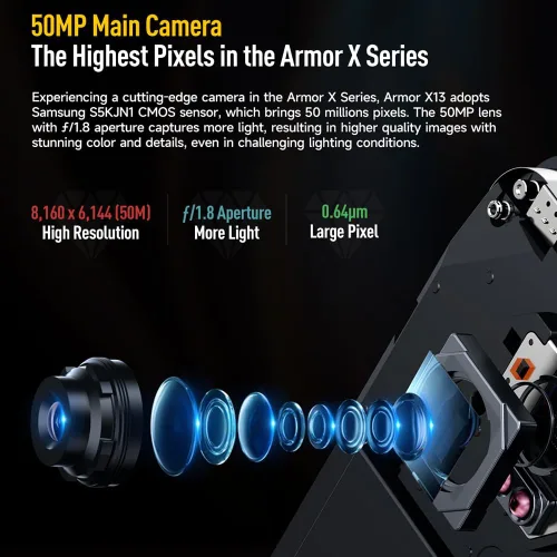 Vista 5 de Ulefone Armor X13 Smartphone resistente desbloqueado, MTK Helio G36 12 GB+64 GB teléfono celular Android 14, cámara de visión nocturna de 50 MP+24