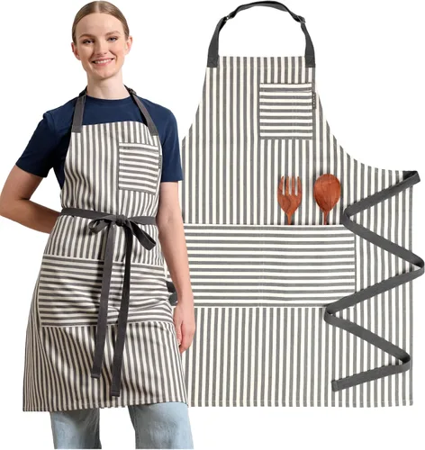 Vista 11 de MEEMA Delantal de chef con bolsillos, talla única, delantales ajustables reciclados para mujeres y hombres, para cocinar, hornear, asar a