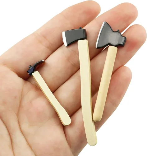 Vista 3 de Tegg Mini hacha 3 piezas de mango de madera en miniatura de metal hacha de hacha de metal para casa de muñecas al aire libre, accesorios de jardín
