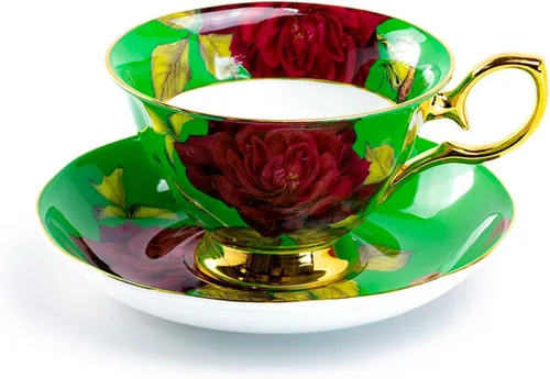 Vista 10 de Taza de té y platillo de porcelana de hueso rosa de tallo (negro)