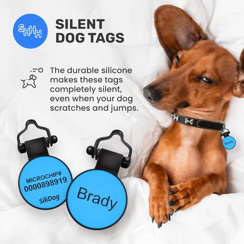 Vista 7 de SiliDog - La placa silenciosa original de silicona para perro - Identificación personalizada grabada sin sonido para mascotas - Como se ve en Shark