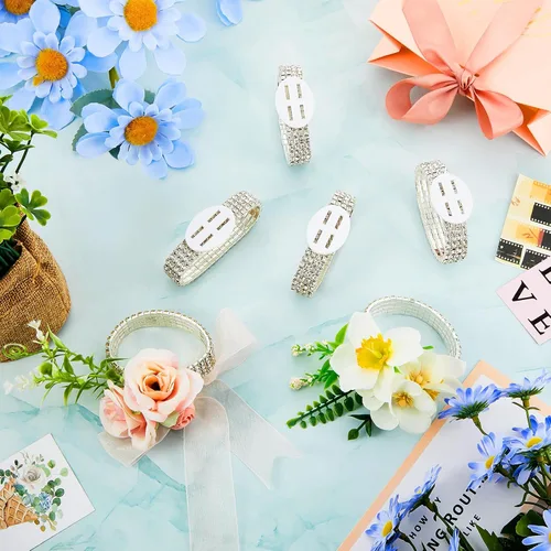 Vista 7 de Junkin 6 pulseras de ramillete con diamantes de imitación, elásticas, para decoración de bodas, bailes de graduación, aniversario (plateado)