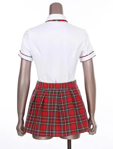 Vista 5 de Atuendos de colegiala para mujer, uniforme de cosplay, camisas de manga corta, falda a cuadros