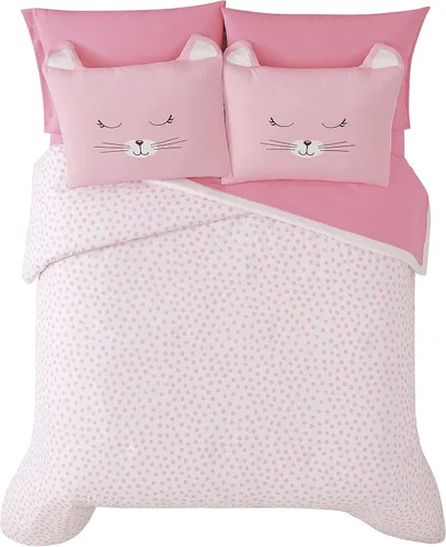 Vista 4 de My World Colección Cat Nap, cama de 7 piezas en una bolsa, tamaño matrimonial, rosa/blanco