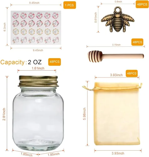 Vista 2 de Paquete de 48 tarros de miel de vidrio de 2 onzas con tapas doradas vintage Glass Jars Small Jar with Wooden Dippers, Mini Clear Bottles for Thank
