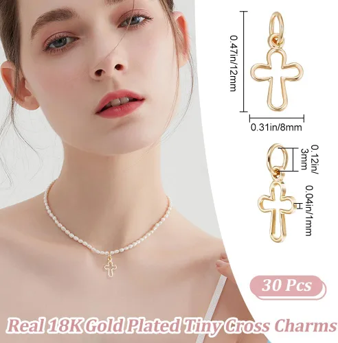 Vista 2 de Beebeecraft 1 caja de 30 dijes de cruz chapados en oro de 18 quilates con anillo de salto para hacer joyas, collares, pulseras, manualidades