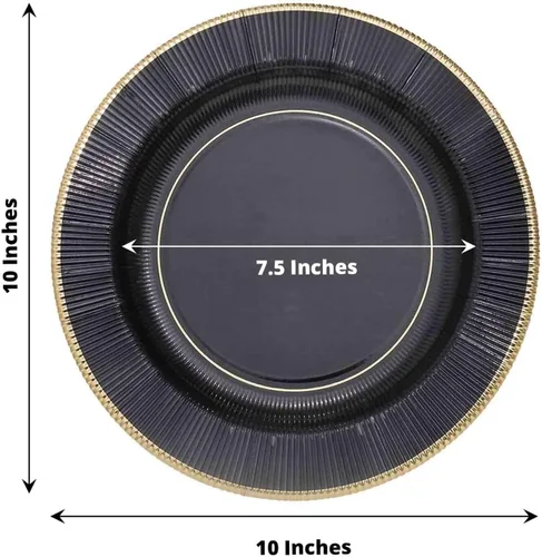Vista 3 de Efavormart 25 Pack Platos de papel para servir y cenar de 10" en negro metálico con rayos de sol, platos desechables para fiestas - 350 GSM