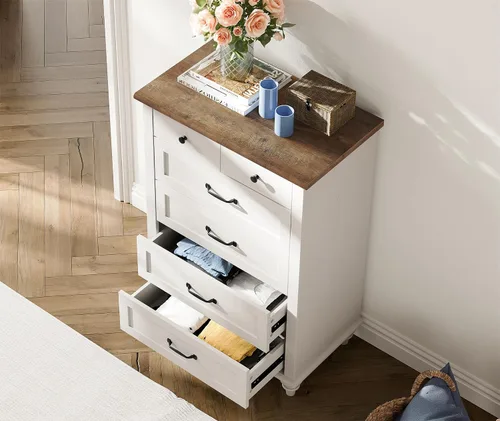 Vista 4 de WAMPAT Cómoda blanca de 5 cajones para dormitorio, organizador de almacenamiento de aparadores de mediados de siglo con asas de metal y patas