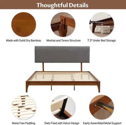 Vista 4 de Harper & Bright Designs Marco de cama de plataforma de bambú de tamaño matrimonial, cama de plataforma de madera de bajo perfil con cabecero, sin
