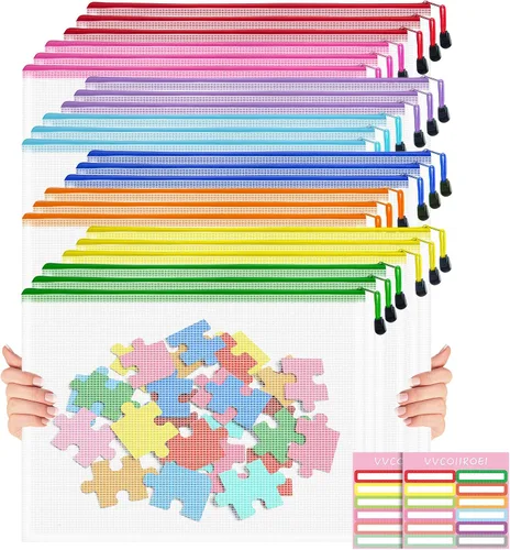 Vista 40 de 9 bolsas de malla con cremallera, tamaños A3, 9 colores, almacenamiento de juegos de mesa, viajes, escuela, organización de oficina