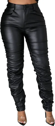 Vista 5 de hibshaby Sexy Club - Pantalones de piel sintética para mujer, cintura alta, fruncidos, apilados