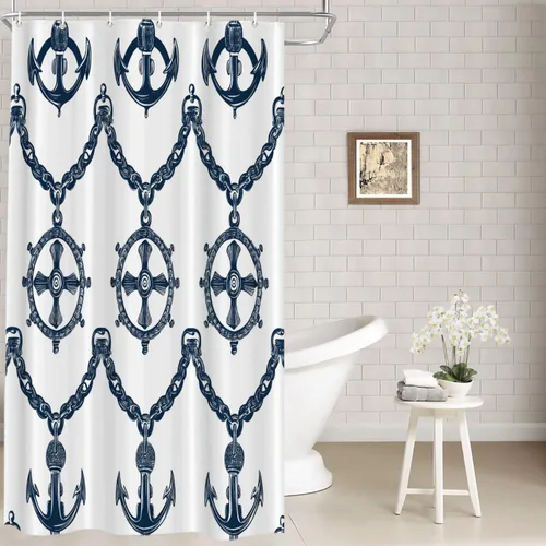 Vista 31 de Batmerry Maritime Nautical Hookless Shower Curtain with Snap in Liner Set, Anchors Ship Wheel Bath Curtain Magnetic Hem Quick-Drying Waterproof
