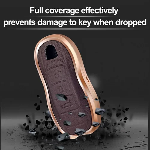 Vista 3 de Funda de piel marrón y aluminio compatible con Porsche Macan Cayenne Panamera 911 con 3 botones sin llave (llave antigua)