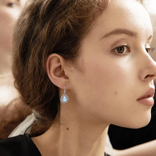 Vista 34 de Aretes colgantes con forma de lágrima de filigrana de piedra lunar de plata de ley 925 con cierre de palanca para mujer, regalos de joyería