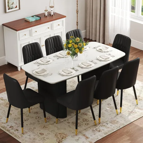 Vista 19 de Juego de mesa de comedor blanco Ebullient para 4, juego de mesa de comedor ovalada de mármol de 67' con 4 sillas de metal, parte superior de grano