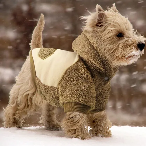 Vista 4 de Ropa mullida para perros pequeños, con capucha, abrigo térmico, ropa para cachorros, machos, hembras, chaqueta para perro, traje de suéter (S)