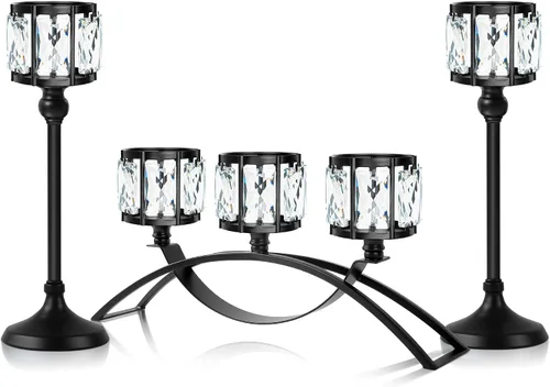 Vista 7 de Candelabro votivo de 3 brazos, candelabros de cristal, centros de mesa de boda para mesas, candelabros de cristal, decoración de mesa (negro)