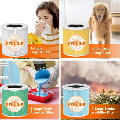 Vista 8 de AIRROMI Purificador de aire para mascotas para alergias en el hogar, hasta 660 pies ². Filtro de carbón activado desodorizante HEPA, con esponja
