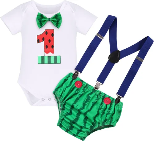 Vista 24 de Conjunto de 4 piezas de 3 piezas para bebé, diseño de sandía, para el primer cumpleaños, para tarta, de manga corta, pañales, con tirantes