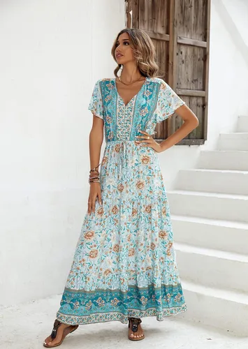 Vista 2 de R.Vivimos - Vestido de verano holgado para mujer, tela de algodón, estampado floral, manga corta