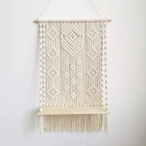 Vista 4 de Estante colgante de pared de macramé, bohemio decorativo para plantas flotantes, estante colgante de madera, colgador de almacenamiento de madera