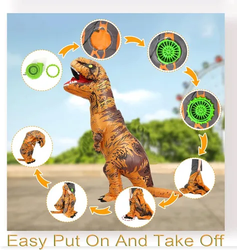 Vista 2 de HAPPYBAG Disfraz inflable de T-Rex disfraz de dinosaurio para adultos divertido disfraz de Halloween