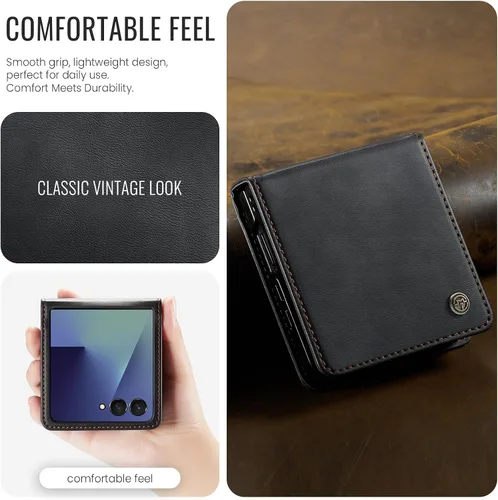 Vista 4 de Funda tipo cartera para Samsung Galaxy Z Flip 7 de piel con tarjetero y función atril, cierre magnético, bloqueo RFID, TPU a prueba de golpes Negro