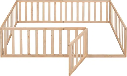 Vista 5 de Cama de plataforma de tamaño matrimonial con valla, marco de cama de piso de madera maciza con puerta, marco de sofá cama de tamaño matrimonial