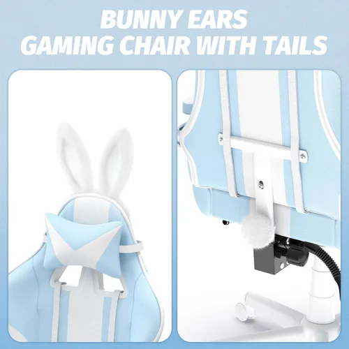 Vista 4 de Ferghana Kawaii - Silla de juegos azul claro con orejas de conejo, ergonómica y bonita silla para jugadores con reposapiés y masaje, silla