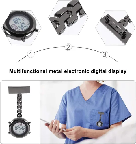 Vista 5 de POPETPOP Reloj de enfermera con clip Reloj de bolsillo digital multifunción de cuarzo con reloj despertador Fecha Semana Cronómetro